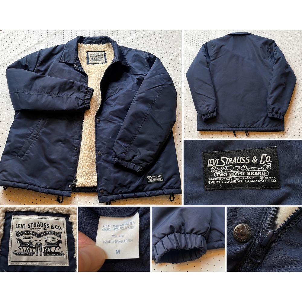 Levis Mens Navy Sherpa Lined Coach Jacket Two Horse Workwear Trucker M